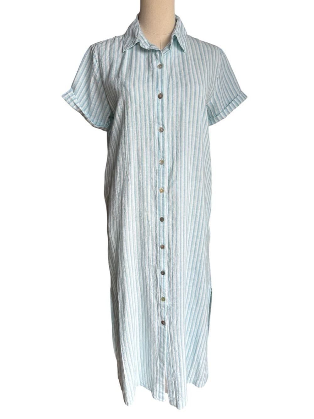 C&C California Linen Blend Midi/Maxi Dress Sz S Blue Stripe Button Front Coastal
